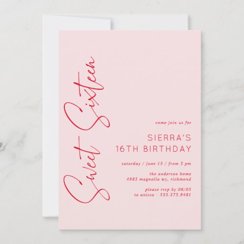 Blush Pink Red Script Sweet 16 Birthday Party Invitation