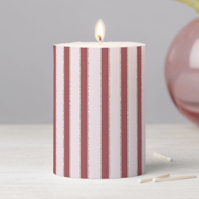 Blush Pink Red Stripes Christmas Pillar Candle (In Situ)