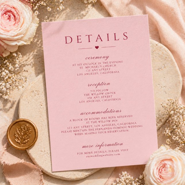 Blush Pink Red Typography Wedding Details Card (Creator Uploaded)