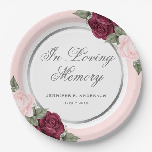 Blush Pink Red Watercolor Floral Memorial Funeral Paper Plates