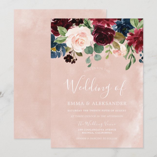 Blush Pink & Red Wine Floral Wedding Invitation (Front/Back)