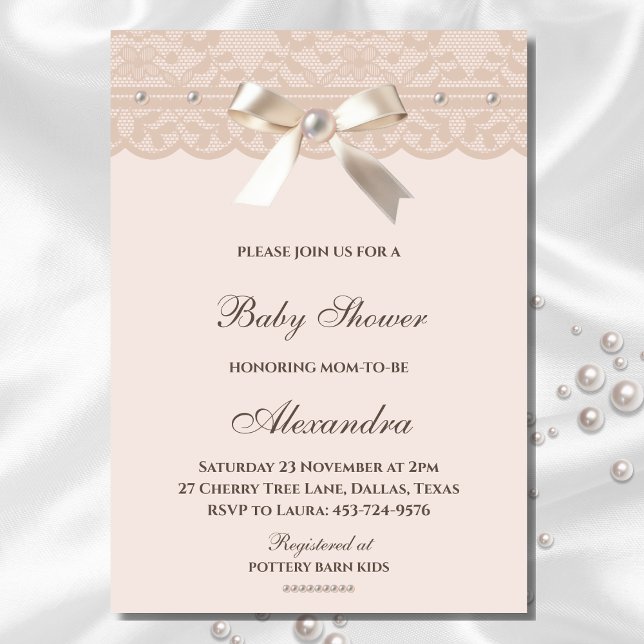 Blush Pink Regency Bow Pearl Lace Baby Shower Invitation (Creator Uploaded)