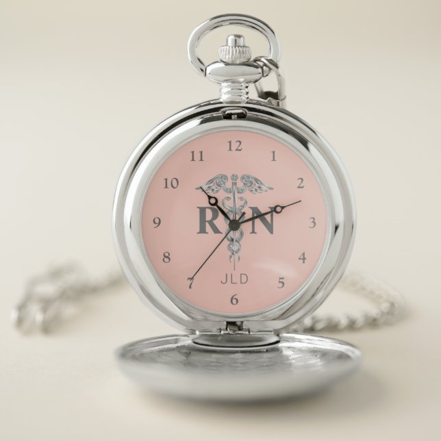Blush Pink Registered Nurse Caduceus Monogram Pocket Watch (Inside)