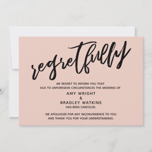 Blush Pink Regretfully Wedding Cancellation Card