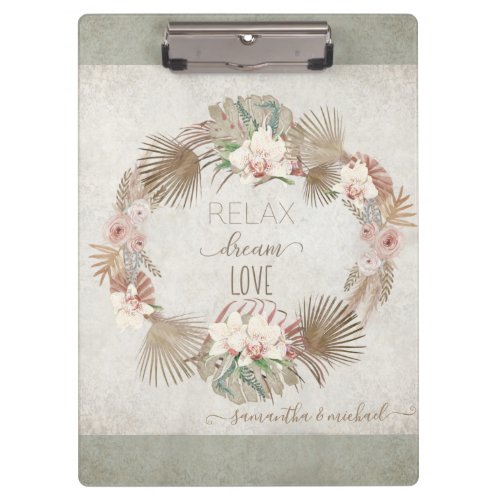 Blush Pink Relax Dream Love Boho White Floral Palm Clipboard