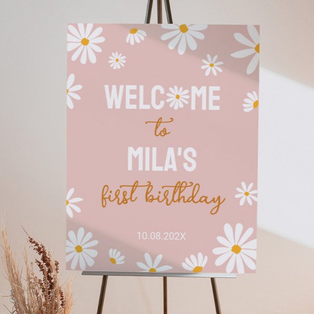 Blush Pink Retro Daisy Birthday Welcome Sign (Creator Uploaded)