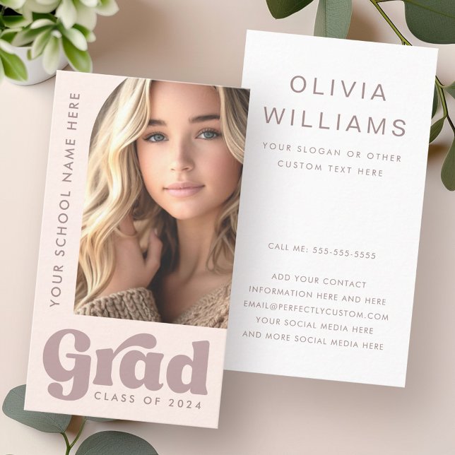Blush pink retro grad student graduation photo business card (Blush pink retro grad student graduation photo business card)