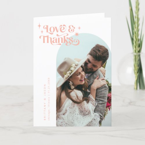 Blush Pink Retro Love  Thanks White Arch Wedding  Thank You Card