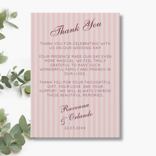 Blush Pink Retro Stripes Burgundy Thank You Card
