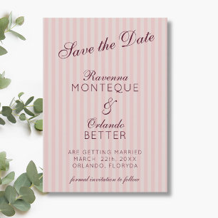 Blush Pink Retro Stripes Burgundy Wine Wedding Save The Date