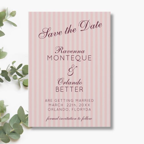 Blush Pink Retro Stripes Burgundy Wine Wedding Save The Date