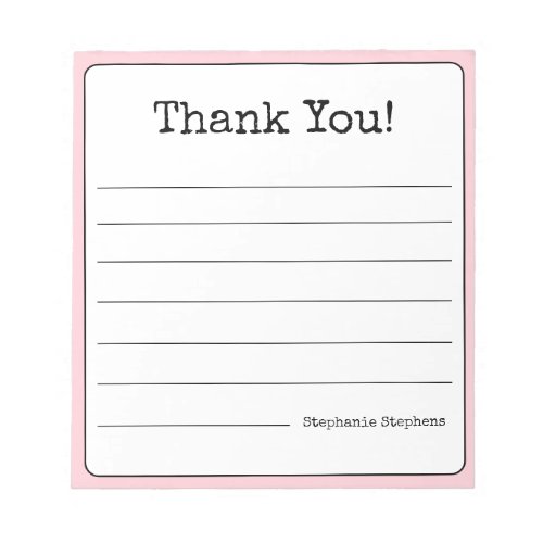 Blush Pink Retro Thank You Your Name Lined  Notepad