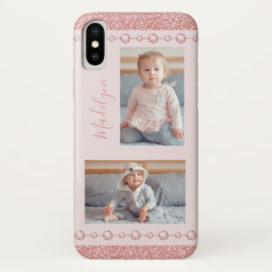 Blush Pink Rhinestone Glitter Name Photo iPhone X Case