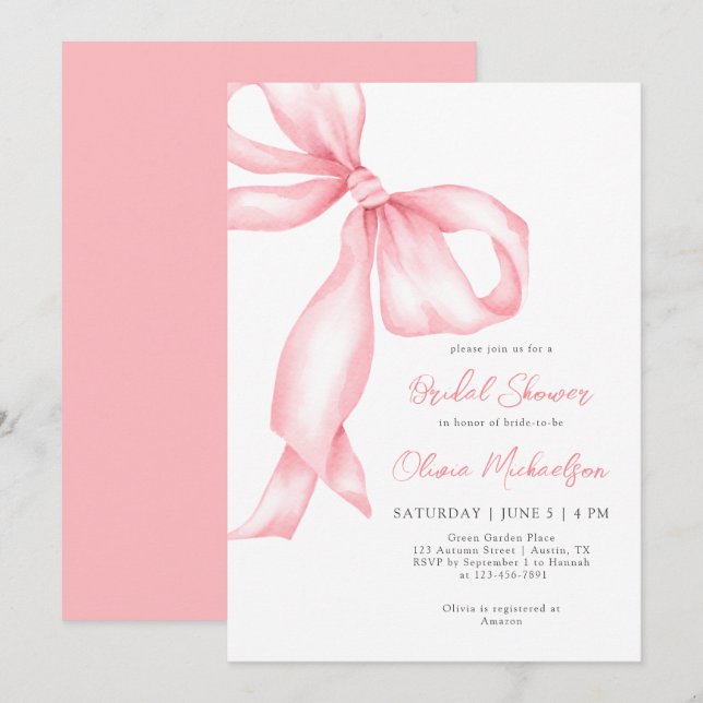 Blush Pink Ribbon Bow Coquette Bridal Shower Invitation (Front/Back)