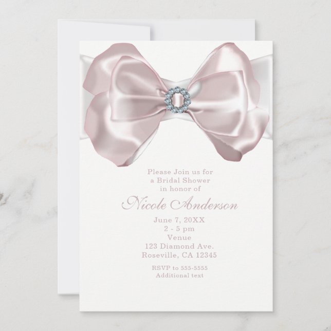 Blush Pink Ribbon Bow & Diamonds Chic Invitations (Front)