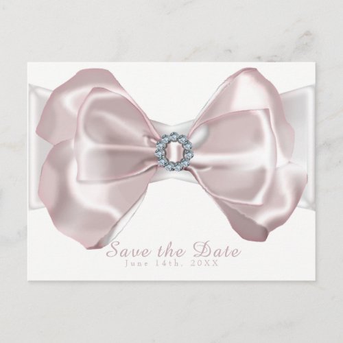 Blush Pink Ribbon  Diamonds Elegant Save the Date Announcement Postcard