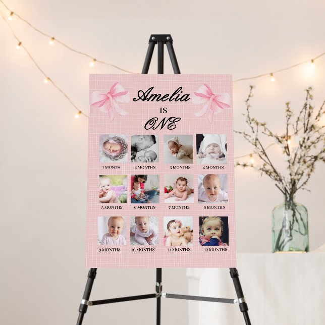 Blush Pink Ribbon Girl First Year Photo Milestone  Foam Board (In Situ (Stand))