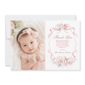 Blush Pink Ribbon Pearl Floral Christening Baptism Thank You Card