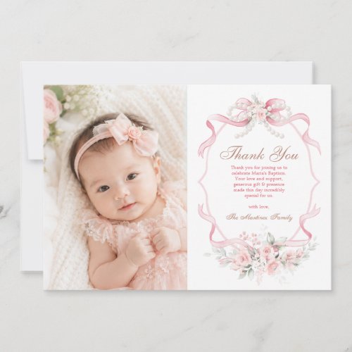Blush Pink Ribbon Pearl Floral Christening Baptism Thank You Card