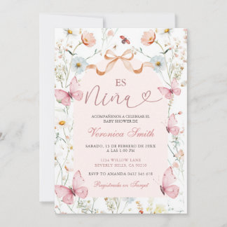 Blush Pink Ribbon Spanish Es Nina Baby Shower  Invitation