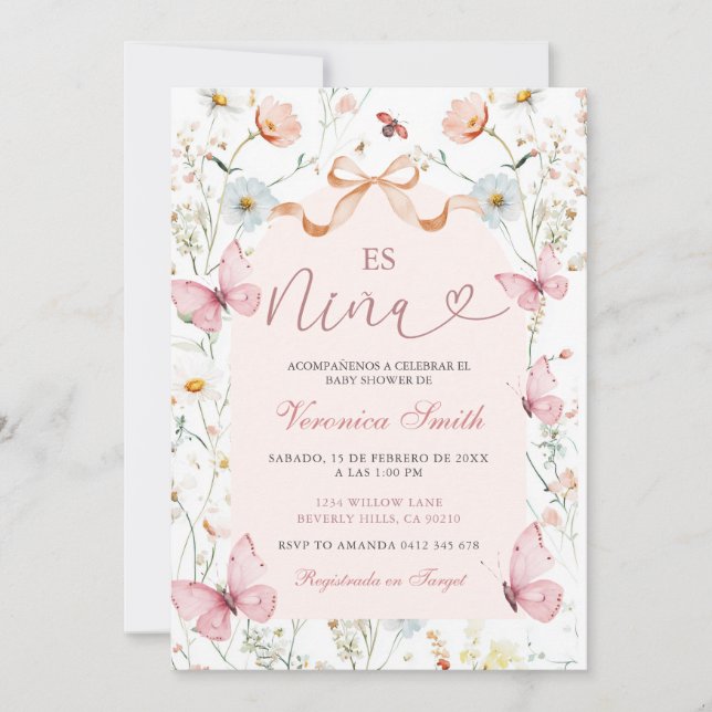 Blush Pink Ribbon Spanish Es Nina Baby Shower  Invitation (Front)