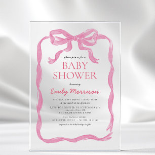 Blush Pink Ribbon Watercolor Bow Girl Baby Shower Acrylic Invitations