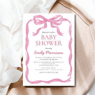 Blush Pink Ribbon Watercolor Bow Girl Baby Shower Invitation