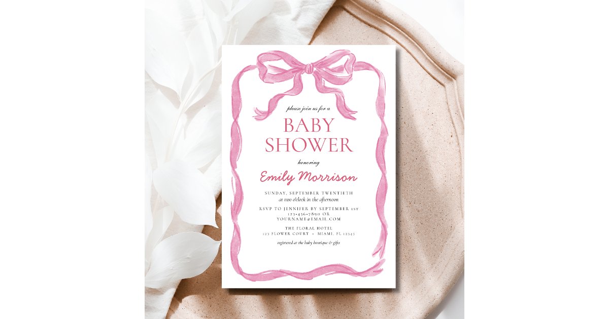 Blush Pink Ribbon Watercolor Bow Girl Baby Shower Invitation | Zazzle