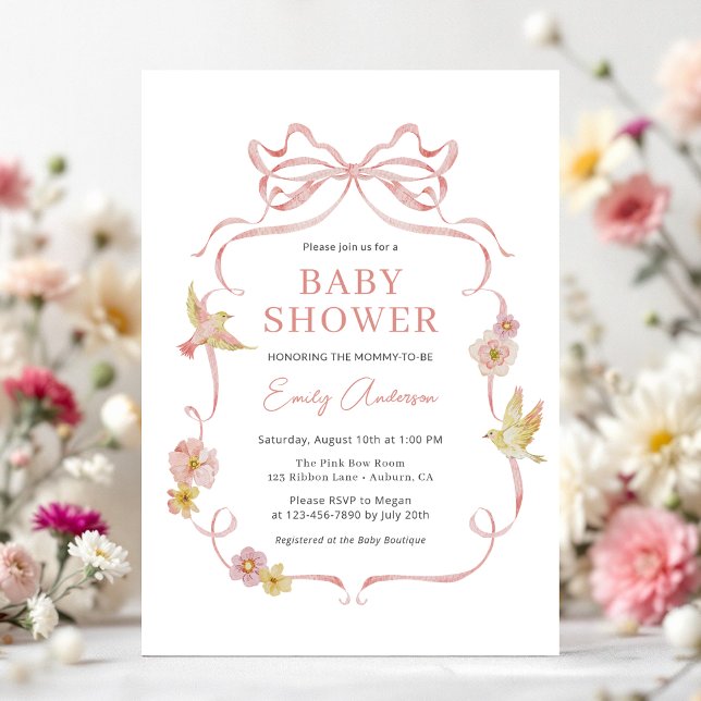 Blush Pink Ribbon Wildflower Bow Baby Shower Invitation (Creator Uploaded)