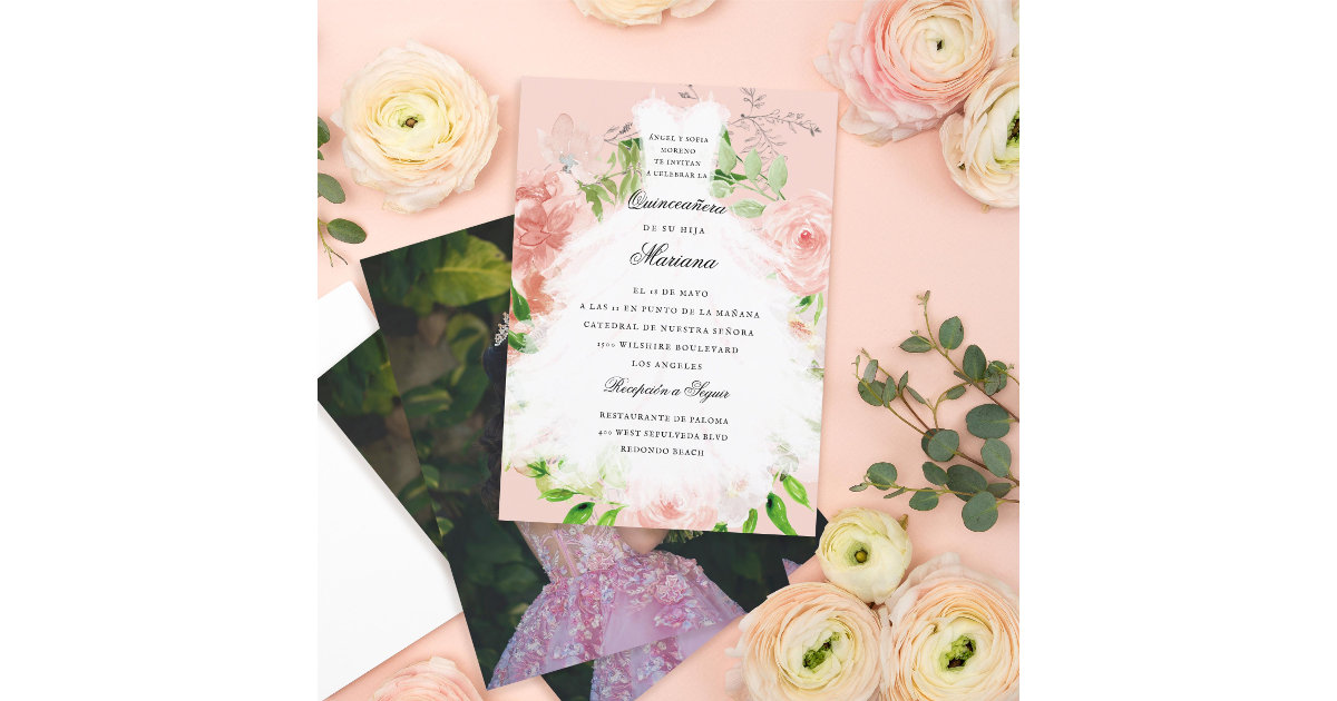 Blush Pink Romantic Garden Dress Quinceañera Invitation 