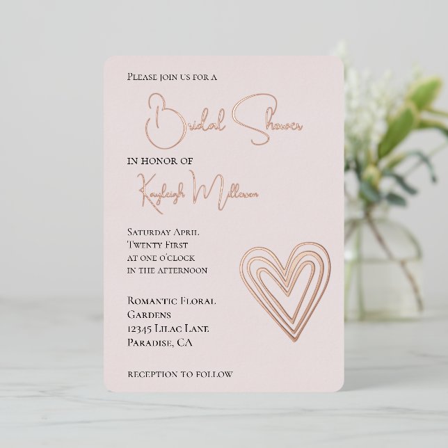 Blush Pink Romantic Layered Heart Bridal Shower Foil Invitation (Standing Front)