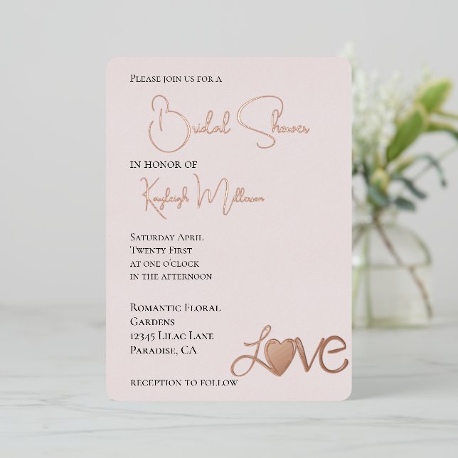Blush Pink Romantic Love Heart Bridal Shower Foil Invitation (Standing Front)