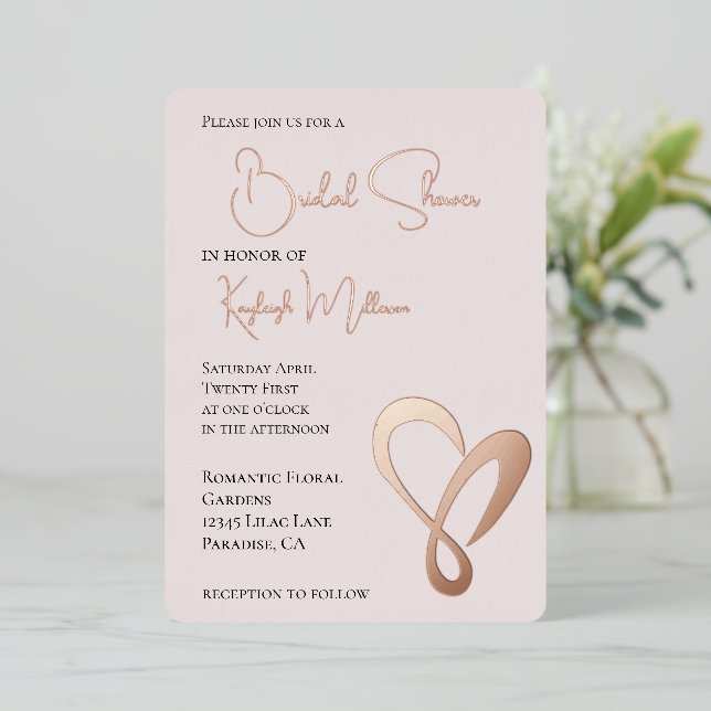 Blush Pink Romantic Love Heart Bridal Shower Foil Invitation (Standing Front)
