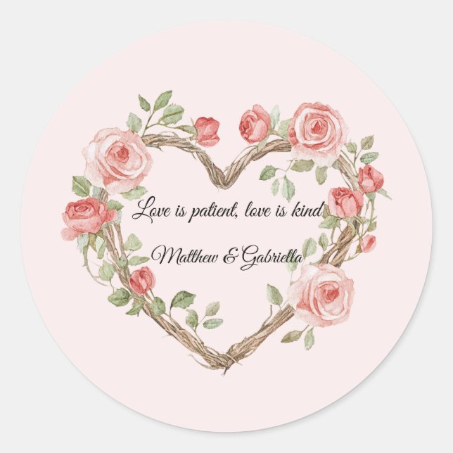 Blush Pink Romantic Red Rose Floral Heart Wedding Classic Round Sticker (Front)