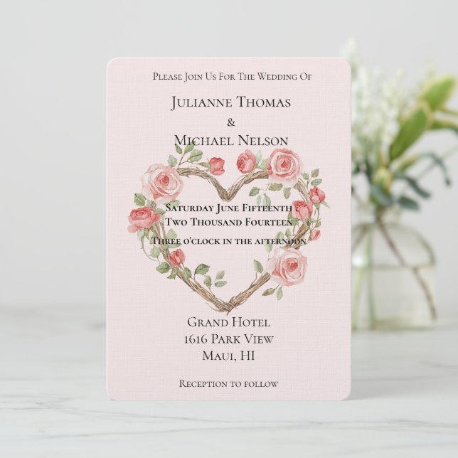 Blush Pink Romantic Red Rose Floral Heart Wedding Invitation (Standing Front)
