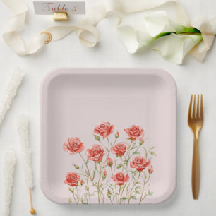 Blush Pink Romantic Red Roses Bridal Shower Paper Plates