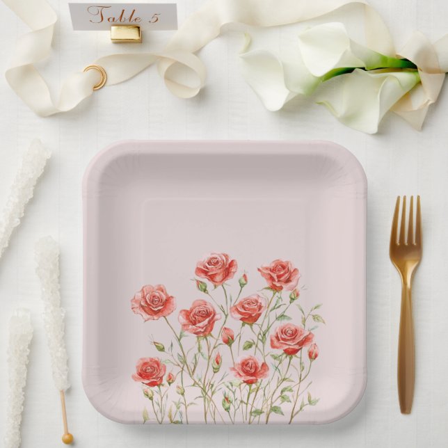 Blush Pink Romantic Red Roses Bridal Shower Paper Plates (Wedding)