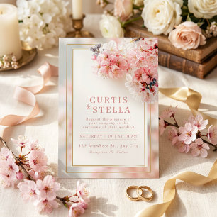 Blush Pink Romantic Sakura Gold Frame Wedding Invitation