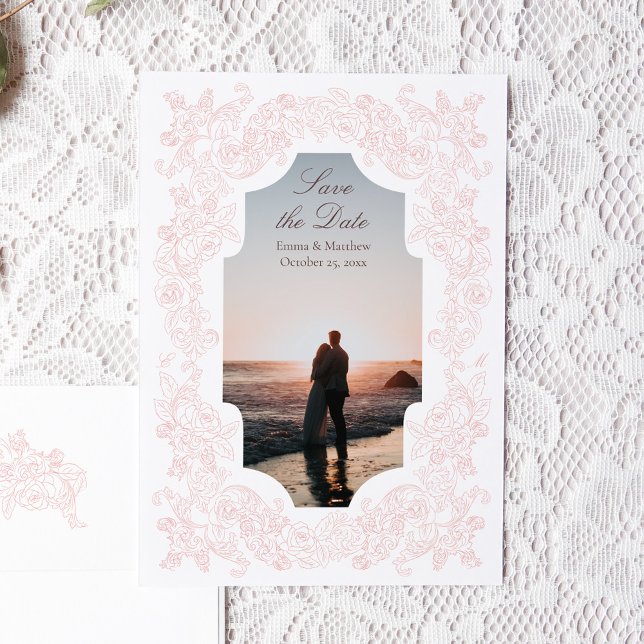 Blush Pink Romantic Victorian Photo Save The Date (Romantic photo save the date card with victorian botanical ornament illustrations in blush pink)