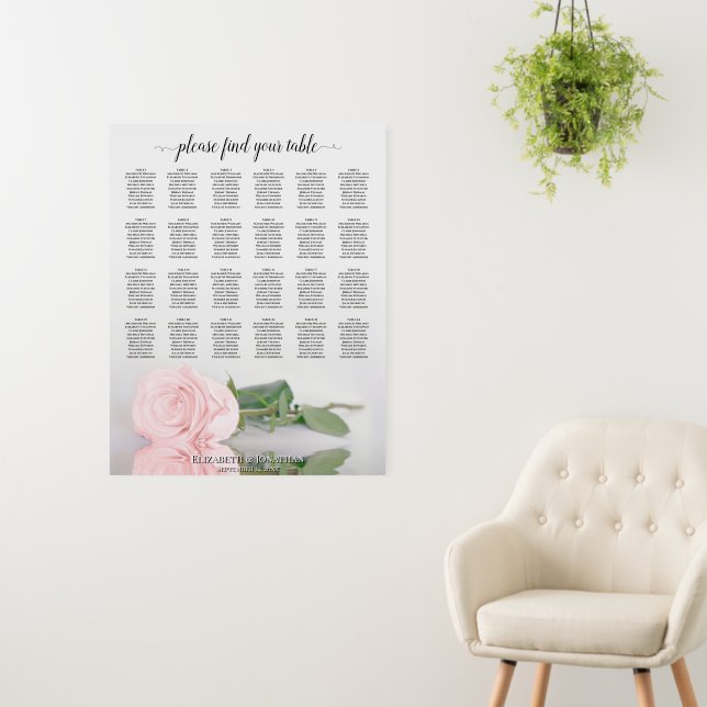Blush Pink Rose 24 Table Wedding Seating Chart Foam Board (In Situ (Wall))