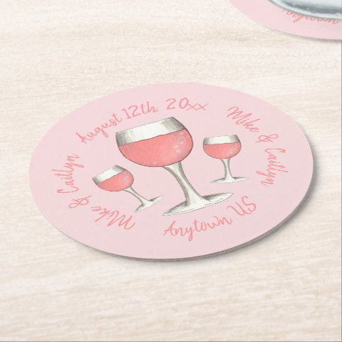 Blush Pink Rose All Day Ros Wine Bridal Shower Round Paper Coaster
