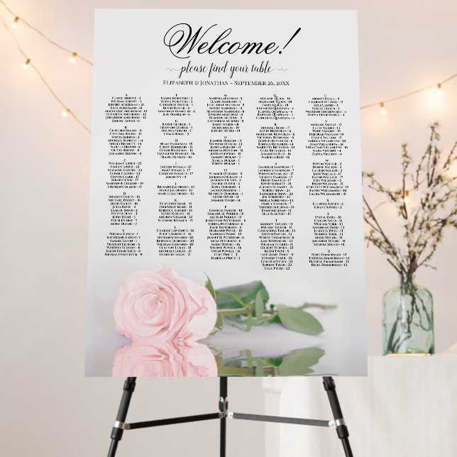 Blush Pink Rose Alphabetical Seating Chart Welcome Foam Board (In Situ (Stand))