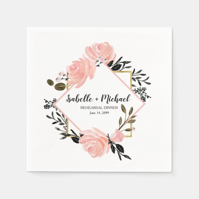 Blush Pink Rose and Black Floral Rehearsal Dinner Napkins (Front)