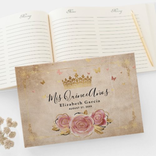 Blush Pink Rose and Gold Crown Elegant Quinceanera Guest Book