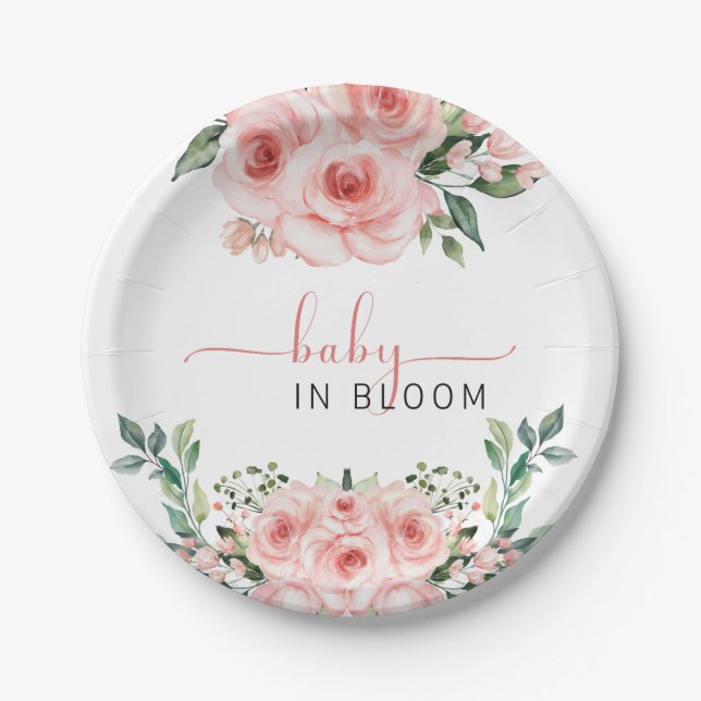 Blush Pink Rose Baby in Bloom Shower Diaper Raffle Paper Plates (Front)