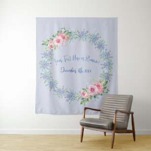 Blush Pink Rose & Blue Floral Photo Backdrop