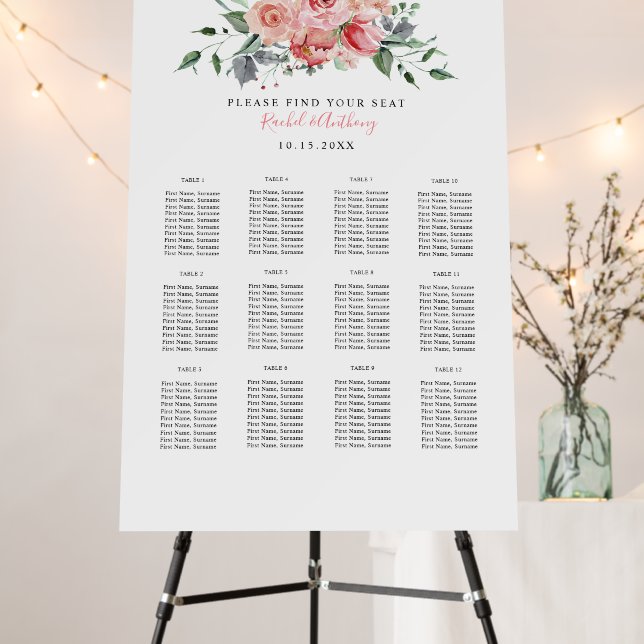 Blush Pink Rose Boho Wedding Seating Chart Guest Foam Board (In Situ (Stand))
