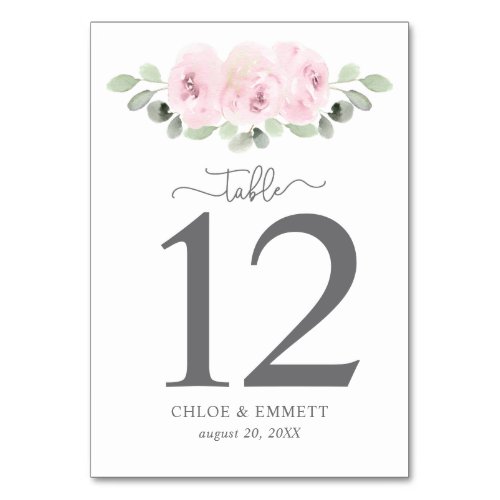 Blush Pink Rose Botanical Table Number