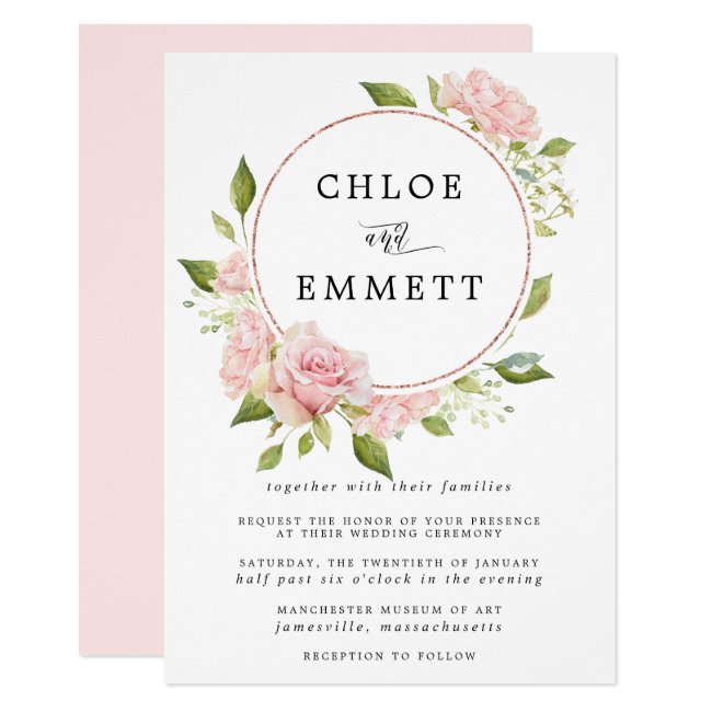 Blush Pink Rose Botanical Wreath Wedding Invitation