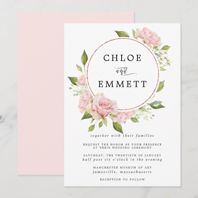 Blush Pink Rose Botanical Wreath Wedding Invitation (Front/Back)